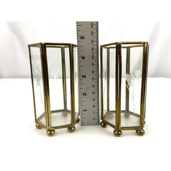 VTG Mini Brass Etched Glass Lantern Candle Holder Display Lot of 2 - Picture 12 of 16